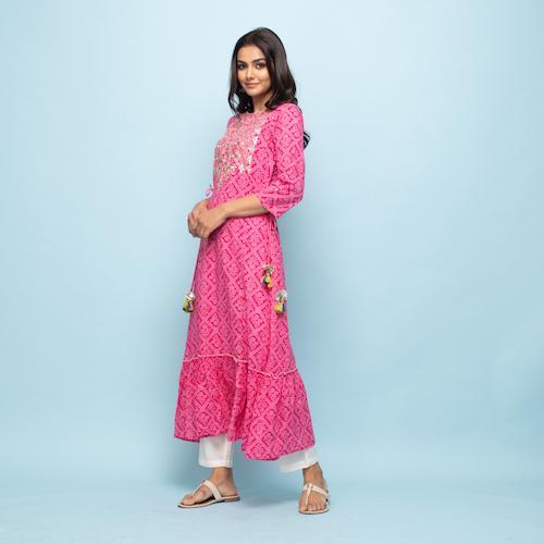 Rangdeep Pink Bandhej Calf length Cotton Kurti Kurti Rangdeep-Fashions 