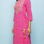 Rangdeep Pink Bandhej Calf length Cotton Kurti Kurti Rangdeep-Fashions 