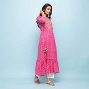 Rangdeep Pink Bandhej Calf length Cotton Kurti Kurti Rangdeep-Fashions 