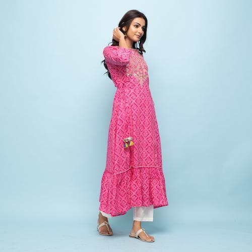 Rangdeep Pink Bandhej Calf length Cotton Kurti Kurti Rangdeep-Fashions 