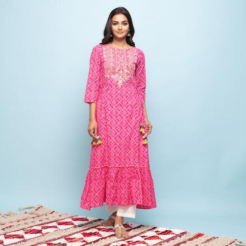 Rangdeep Pink Bandhej Calf length Cotton Kurti Kurti Rangdeep-Fashions 