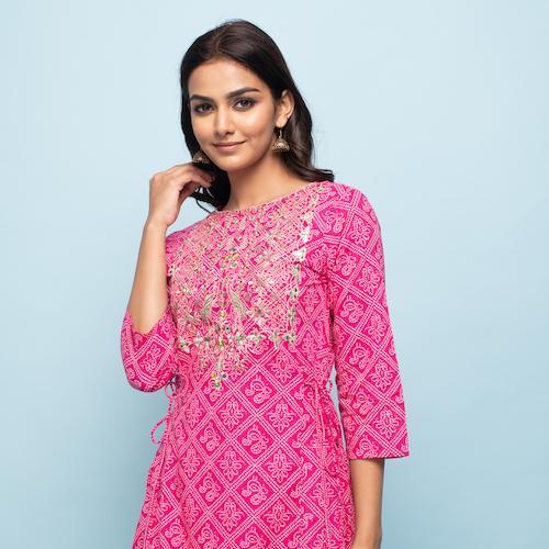 Rangdeep Pink Bandhej Calf length Cotton Kurti Kurti Rangdeep-Fashions 