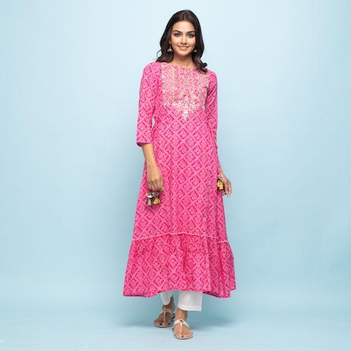 Rangdeep Pink Bandhej Calf length Cotton Kurti Kurti Rangdeep-Fashions 