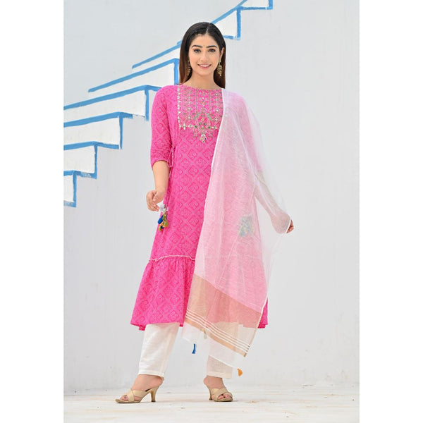 Rangdeep Pink Bandhej Calf length Cotton Kurti with Dupatta Kurti Rangdeep-Fashions 