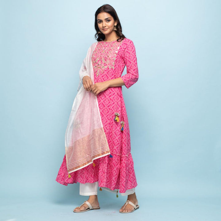 Rangdeep Pink Bandhej Calf length Cotton Kurti with Dupatta Kurti Rangdeep-Fashions 