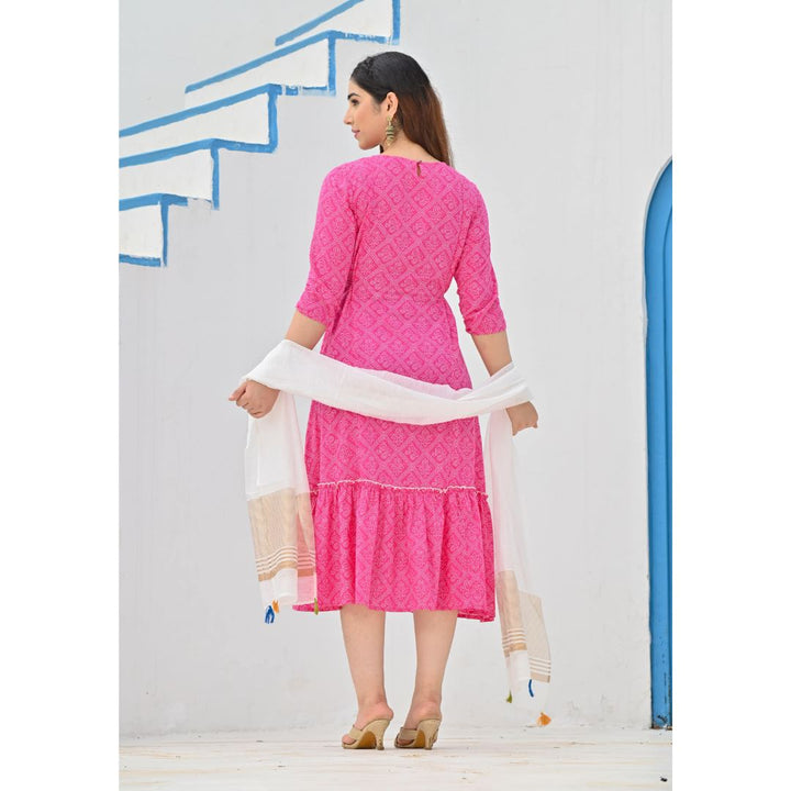 Rangdeep Pink Bandhej Calf length Cotton Kurti with Dupatta Kurti Rangdeep-Fashions 