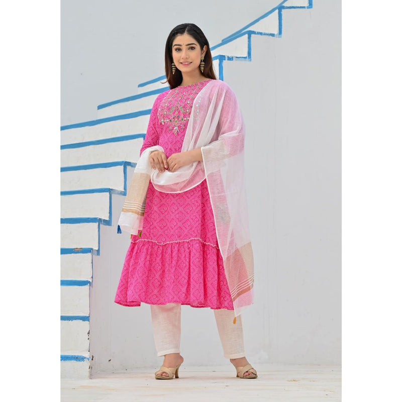rangdeep pink bandhej calf length cotton kurti with dupatta kurti rangdeep fashions