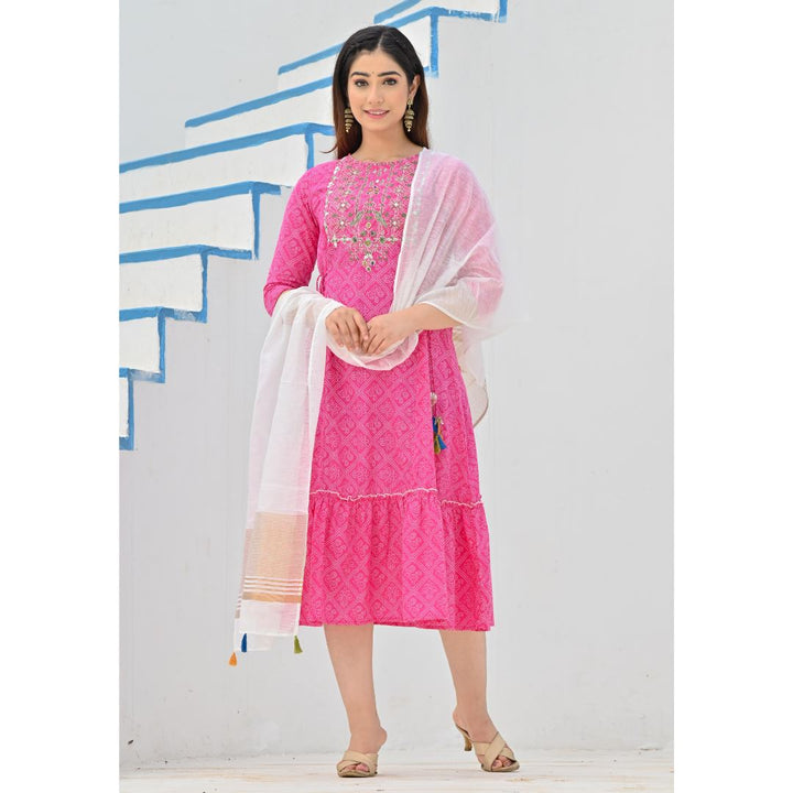 Rangdeep Pink Bandhej Calf length Cotton Kurti with Dupatta Kurti Rangdeep-Fashions 