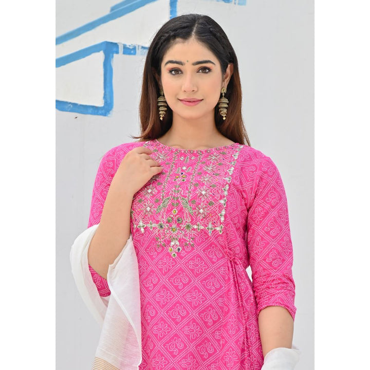 Rangdeep Pink Bandhej Calf length Cotton Kurti with Dupatta Kurti Rangdeep-Fashions 