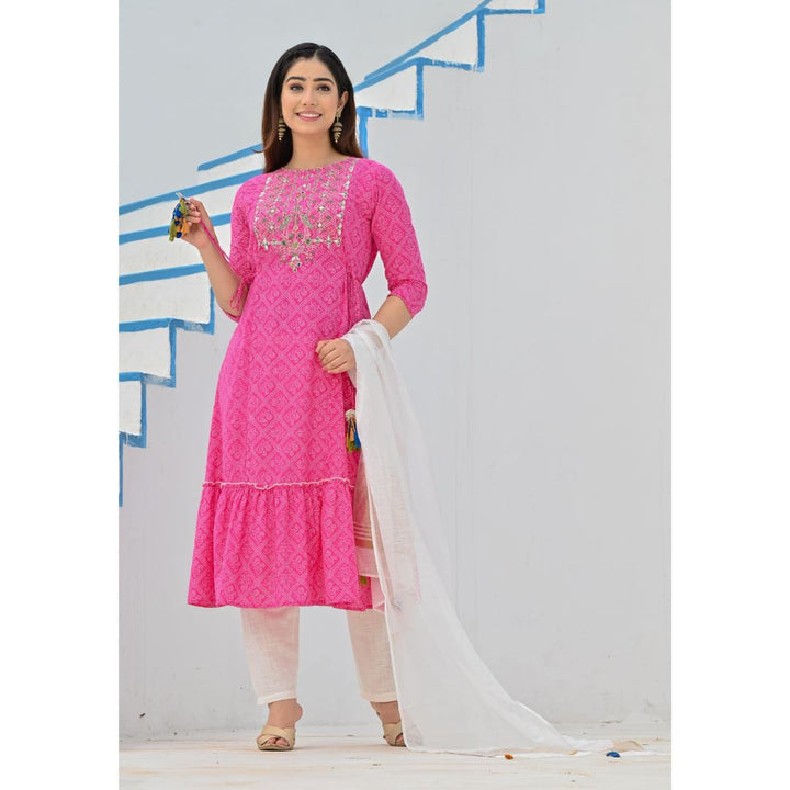 Rangdeep Pink Bandhej Calf length Cotton Kurti with Dupatta Kurti Rangdeep-Fashions 