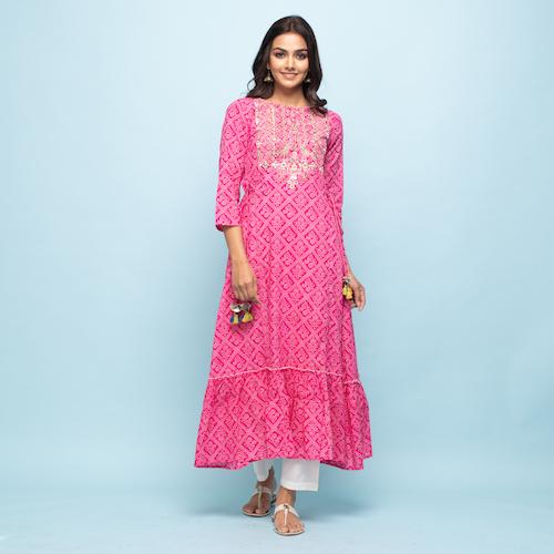 Rangdeep Pink Bandhej Calf length Cotton Kurti with Dupatta Kurti Rangdeep-Fashions 