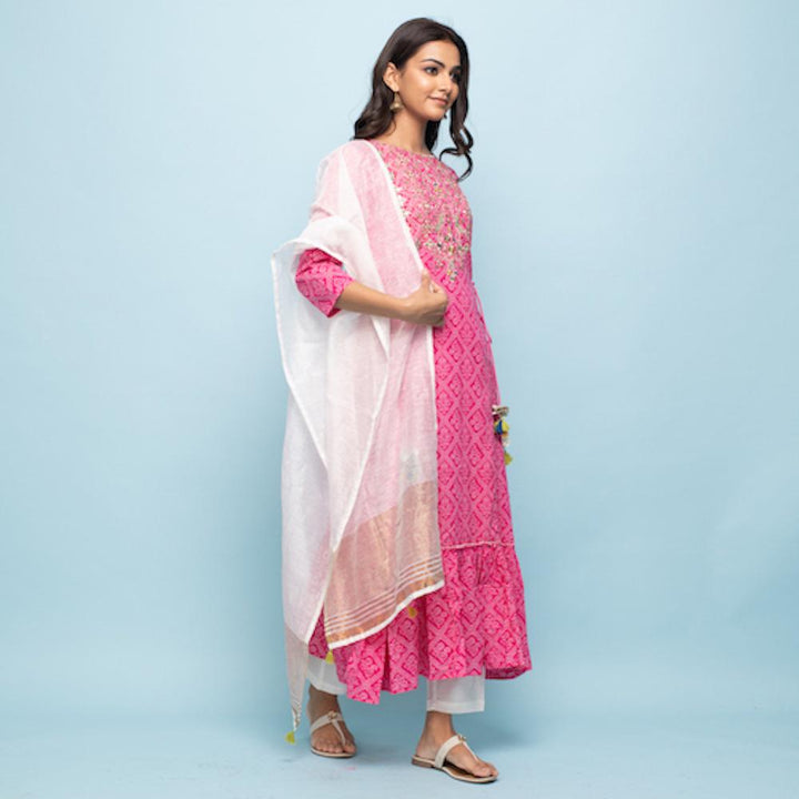 Rangdeep Pink Bandhej Calf length Cotton Kurti with Dupatta Kurti Rangdeep-Fashions 