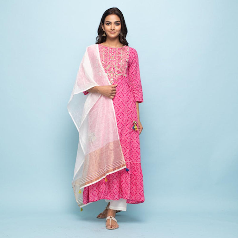 Rangdeep Pink Bandhej Calf length Cotton Kurti with Dupatta Kurti Rangdeep-Fashions 