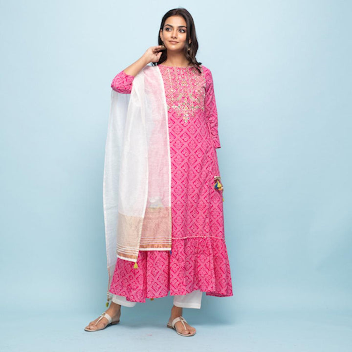 Rangdeep Pink Bandhej Calf length Cotton Kurti with Dupatta Kurti Rangdeep-Fashions 