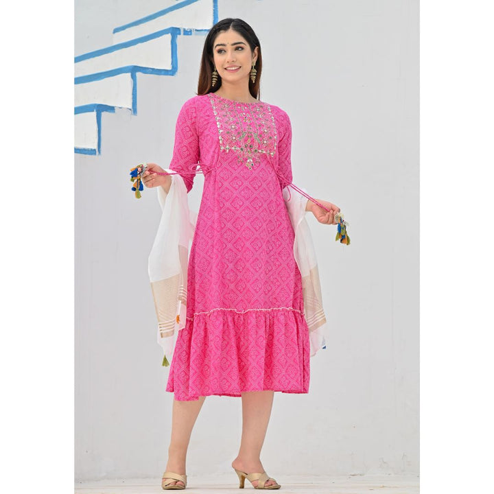 Rangdeep Pink Bandhej Calf length Cotton Kurti with Dupatta Kurti Rangdeep-Fashions 