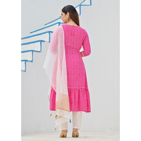 Rangdeep Pink Bandhej Calf length Cotton Kurti with Dupatta Kurti Rangdeep-Fashions 