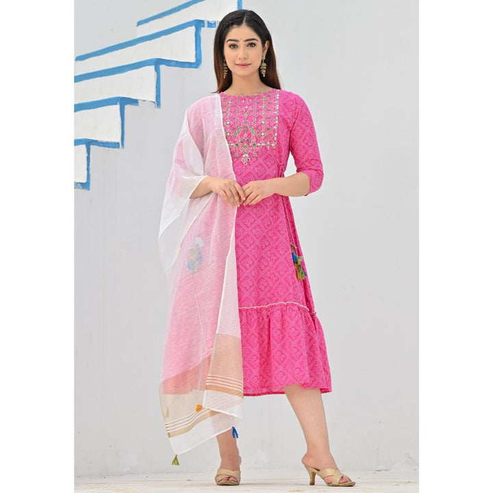 Rangdeep Pink Bandhej Calf length Cotton Kurti with Dupatta Kurti Rangdeep-Fashions 