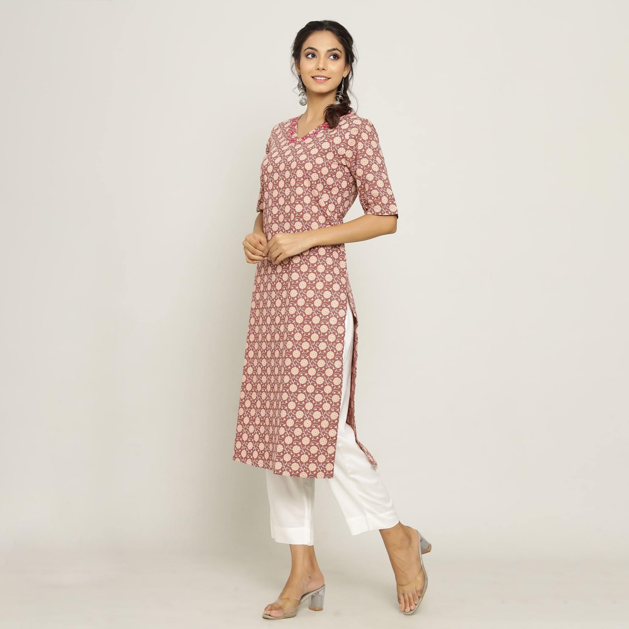 Rangdeep PINK printed Calf length Cotton Kurti Kurti Rangdeep-Fashions 