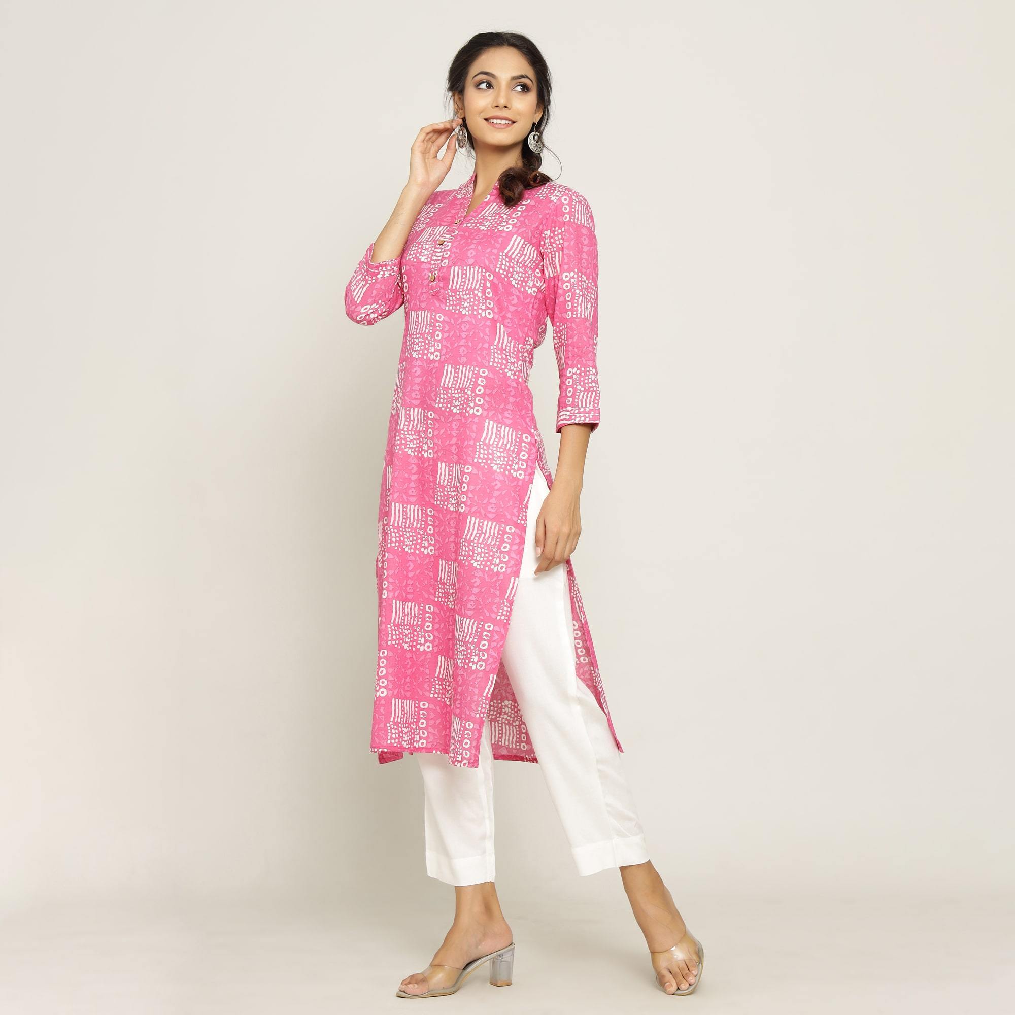 Rangdeep Pink printed Calf length Cotton Kurti Kurti Rangdeep-Fashions 