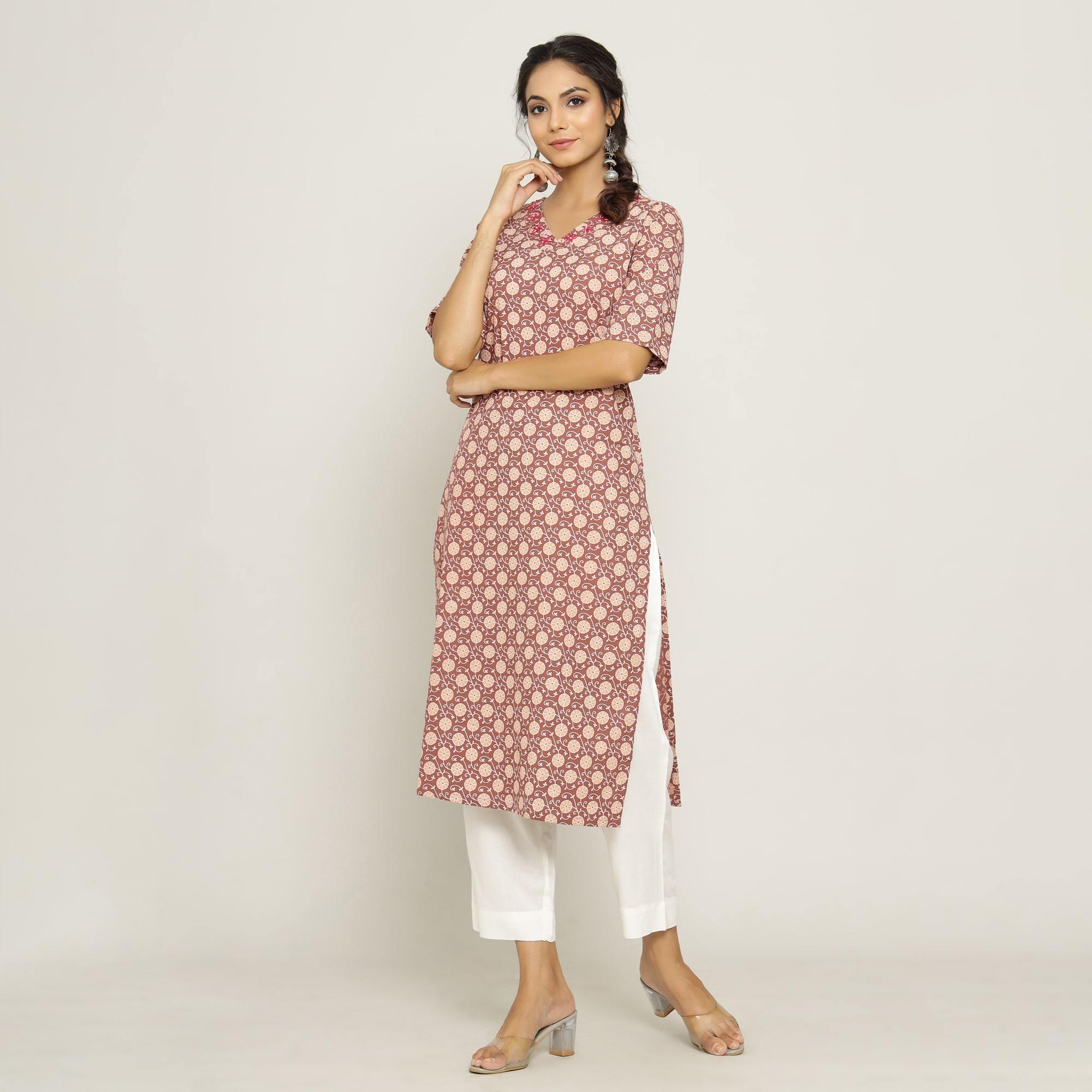 Rangdeep PINK printed Calf length Cotton Kurti Kurti Rangdeep-Fashions 