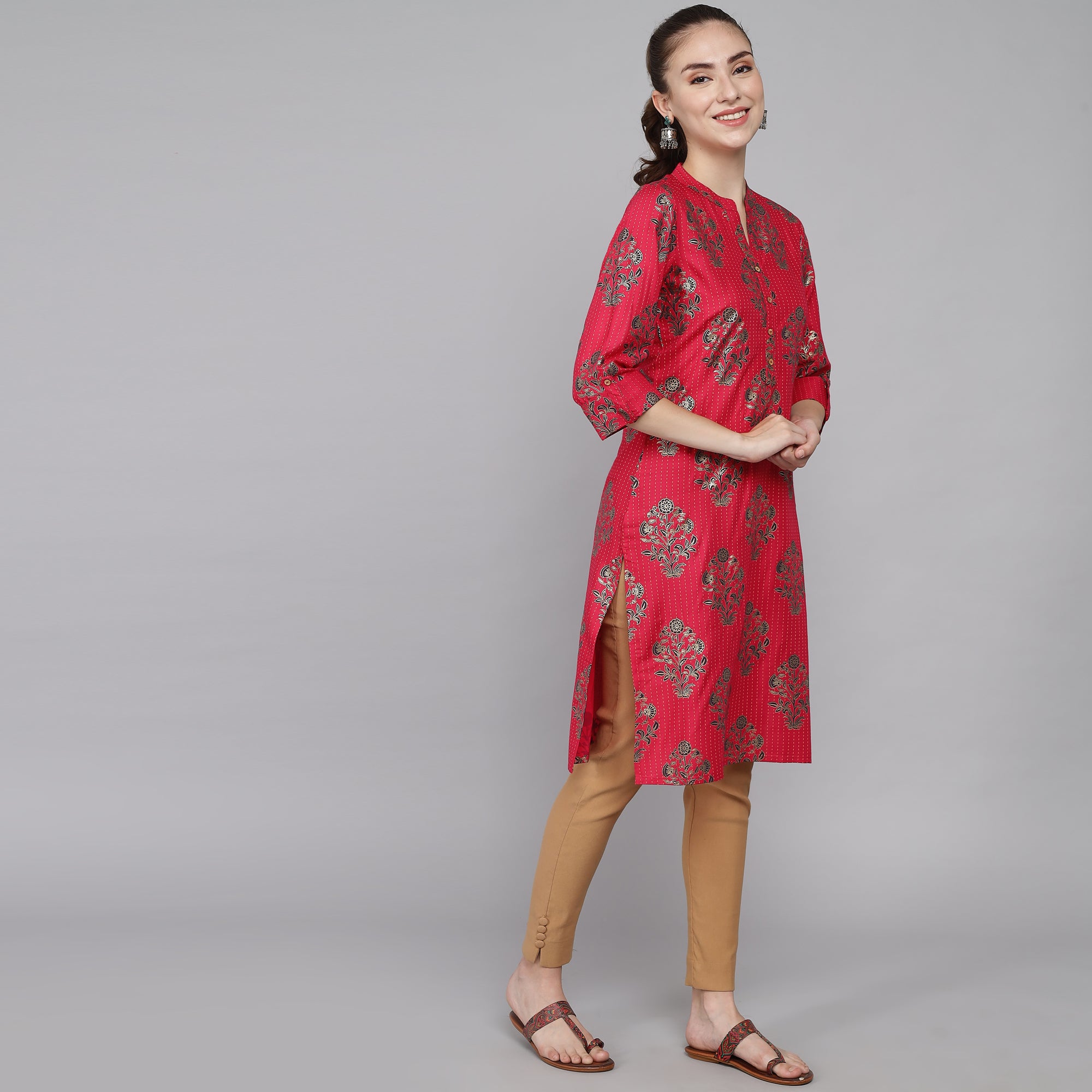 RangDeep Red Floral Printed Rolled-up Sleeves Rayon Kurti Rangdeep-Fashions 