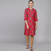 RangDeep Red Floral Printed Rolled-up Sleeves Rayon Kurti Rangdeep-Fashions 