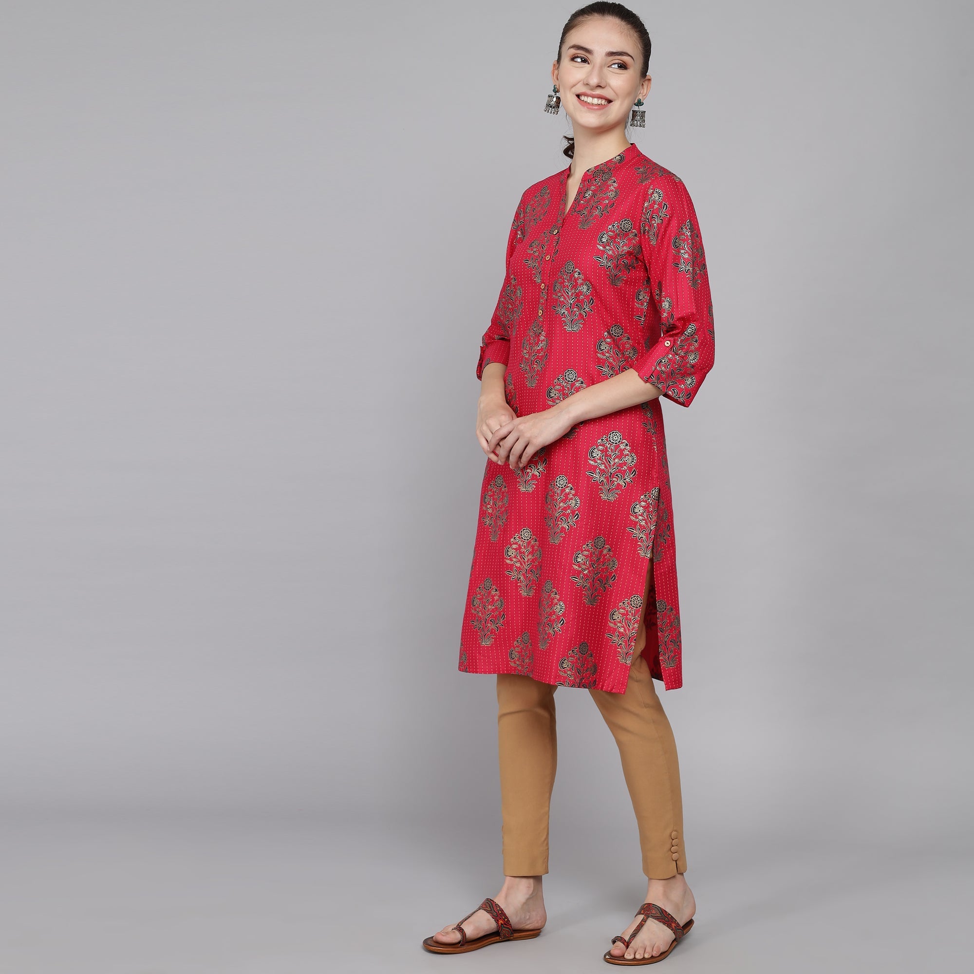 RangDeep Red Floral Printed Rolled-up Sleeves Rayon Kurti Rangdeep-Fashions 