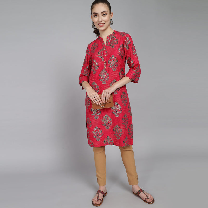 RangDeep Red Floral Printed Rolled-up Sleeves Rayon Kurti Rangdeep-Fashions 