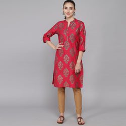 RangDeep Red Floral Printed Rolled-up Sleeves Rayon Kurti Rangdeep-Fashions 