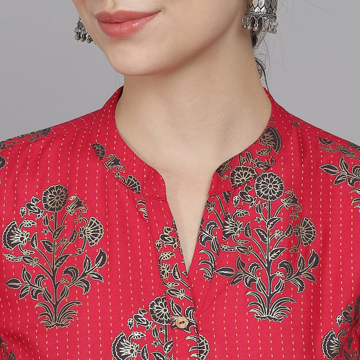 RangDeep Red Floral Printed Rolled-up Sleeves Rayon Kurti Rangdeep-Fashions 