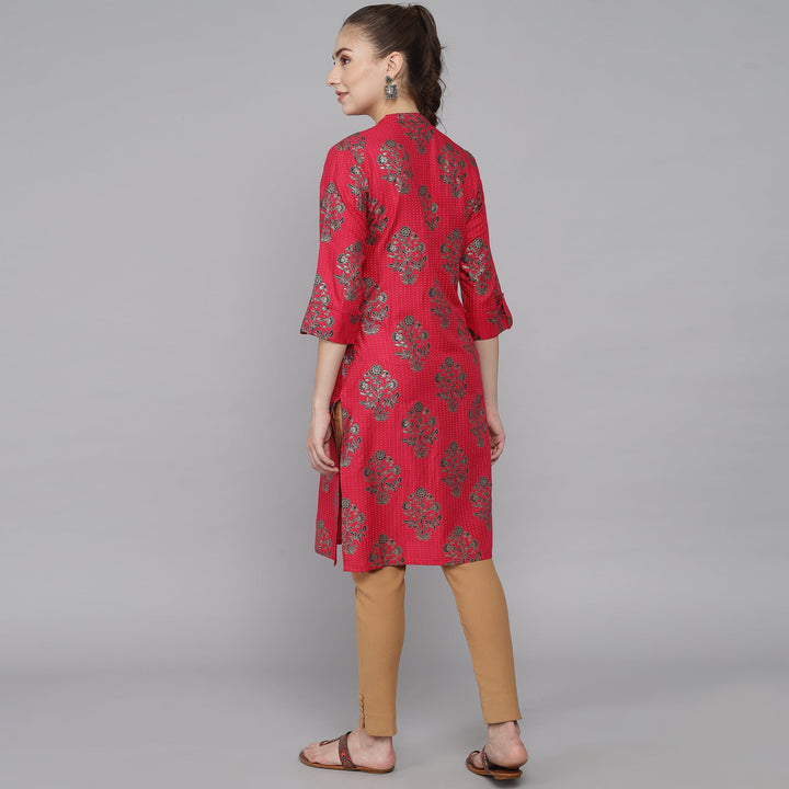 RangDeep Red Floral Printed Rolled-up Sleeves Rayon Kurti Rangdeep-Fashions 