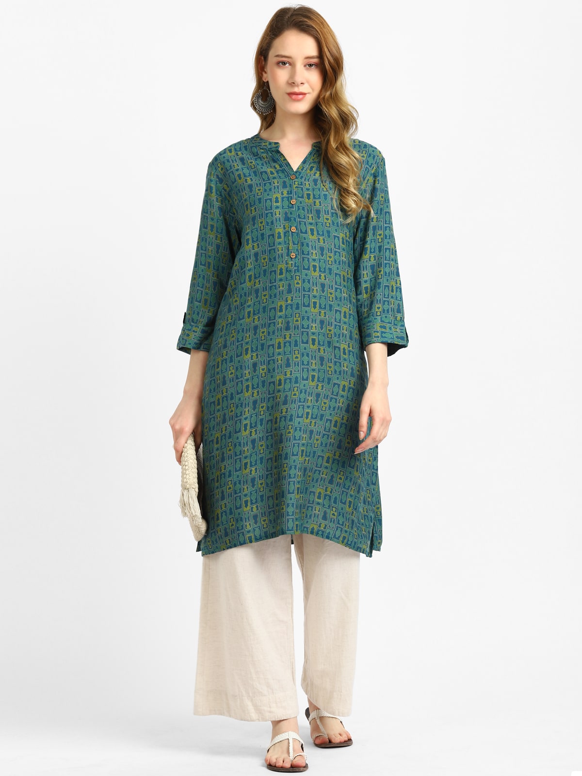 RangDeep Teal Jharonka Printed Kurta Kurti Rangdeep-Fashions Large 