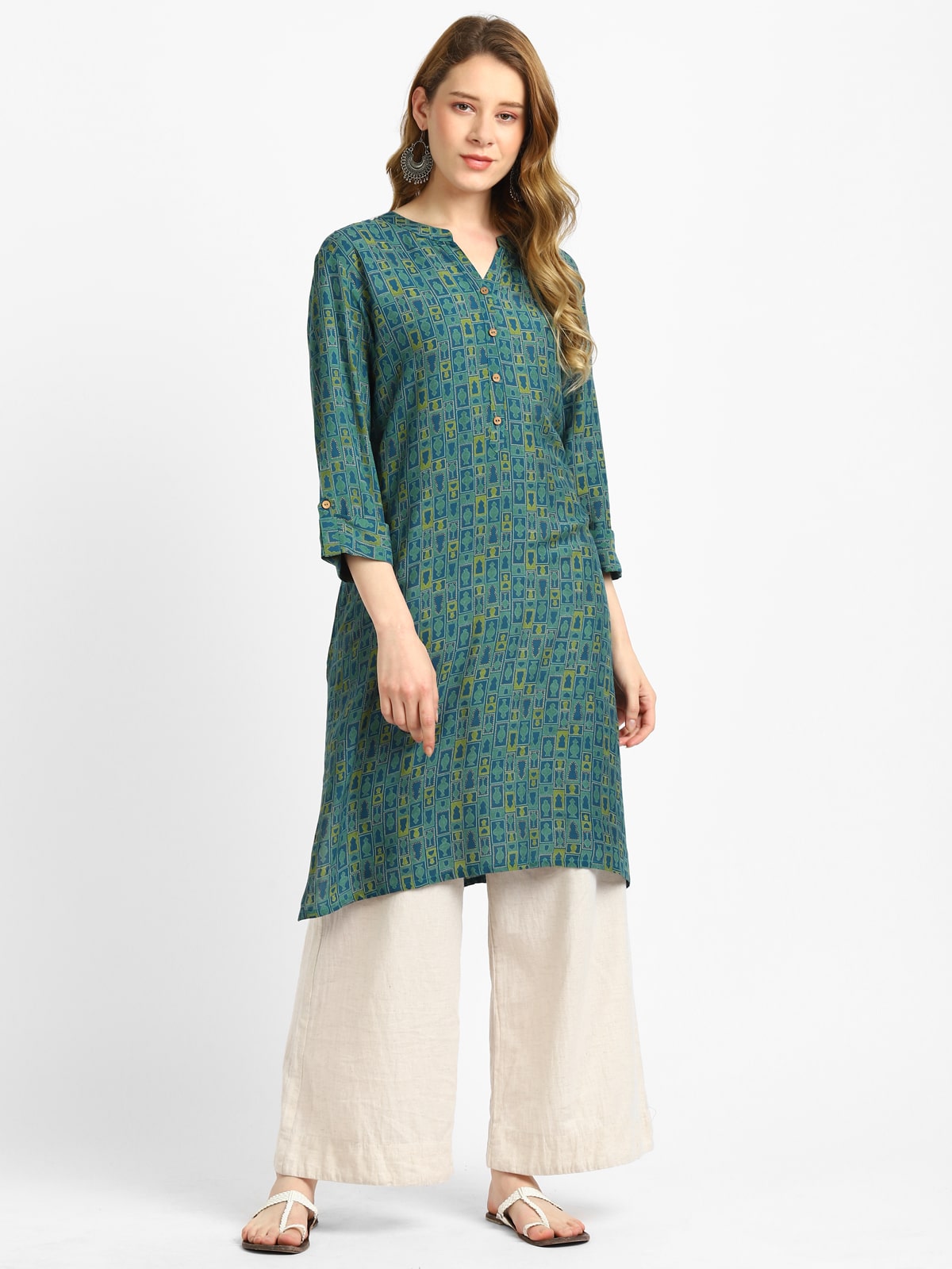 RangDeep Teal Jharonka Printed Kurta Kurti Rangdeep-Fashions Medium 