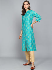 Rangdeep Turquoise Viscose Knee length Viscose Straight Kurta Viscose Kurtis Rangdeep-Fashions 