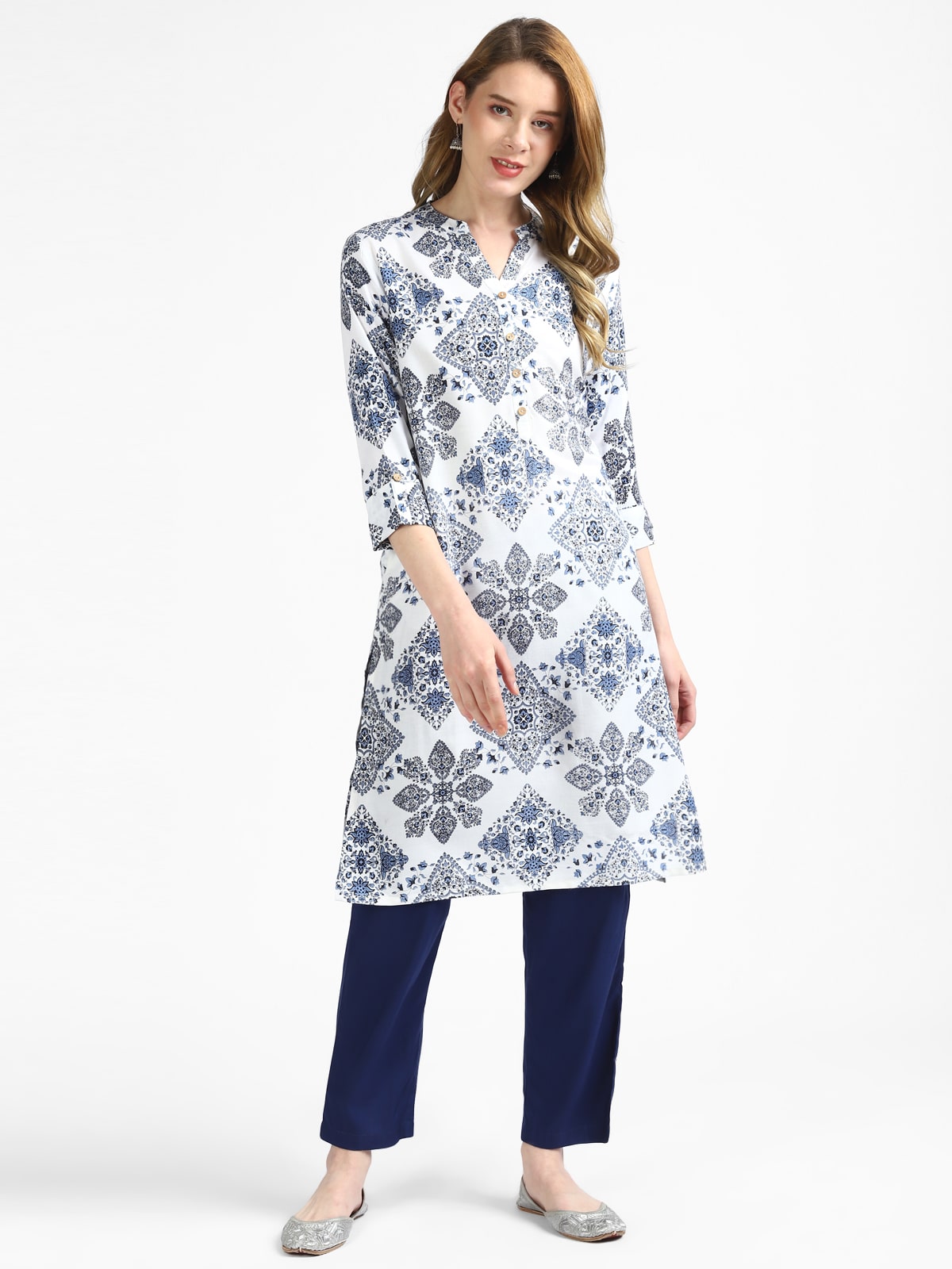 RangDeep White Indigo Printed Kurta Kurti Rangdeep-Fashions Small 