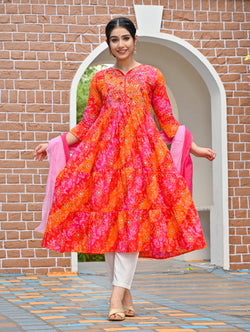 RangDeep Women Bandhej Tier Dress With Duptta Kurti Dupatta set Pant Rangdeep-Fashions 