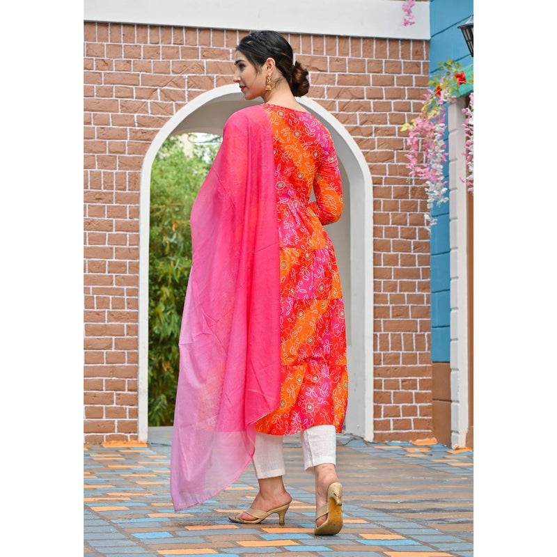 RangDeep Women Bandhej Tier Dress With Duptta Kurti Dupatta set Pant Rangdeep-Fashions 