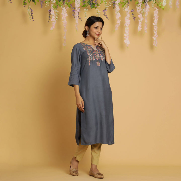 RangDeep Women Grey Embroidered Straight Kurti Embroidered Kurti Rangdeep-Fashions 