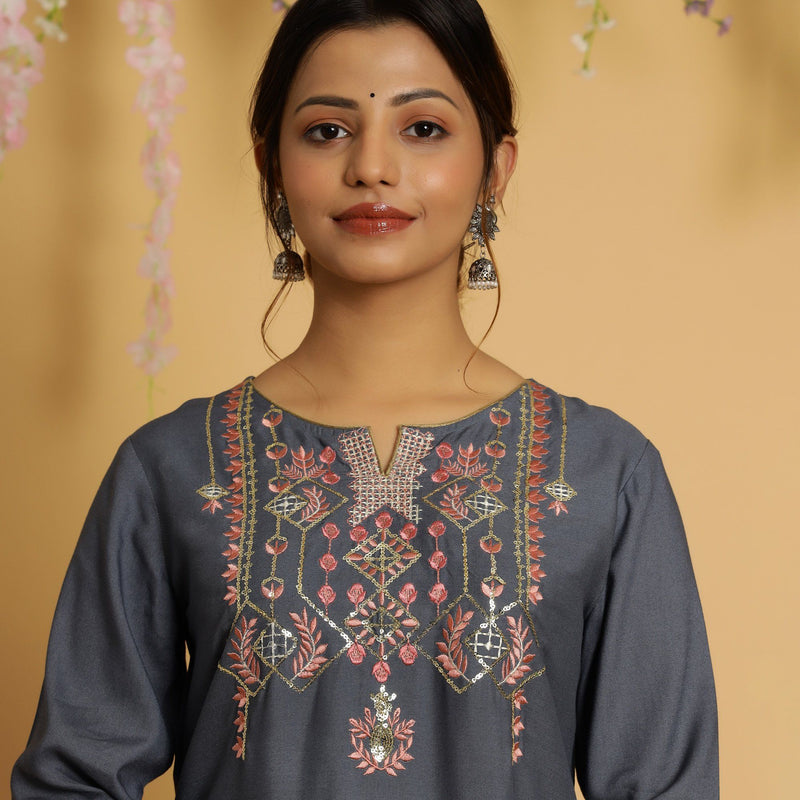 RangDeep Women Grey Embroidered Straight Kurti Embroidered Kurti Rangdeep-Fashions 