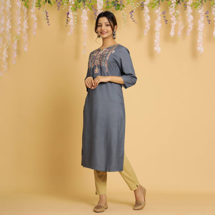 RangDeep Women Grey Embroidered Straight Kurti Embroidered Kurti Rangdeep-Fashions Small 