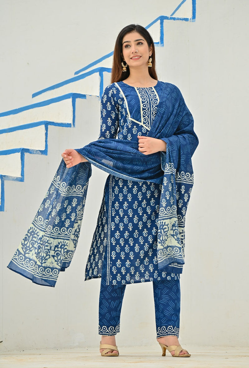RangDeep Women Indigo Blue Booti Print Kurta Set Kurti Dupatta set Pant Rangdeep-Fashions 
