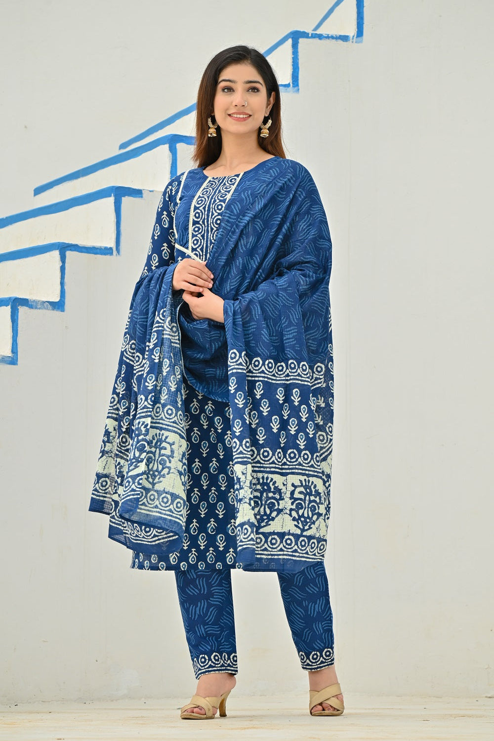 RangDeep Women Indigo Blue Booti Print Kurta Set Kurti Dupatta set Pant Rangdeep-Fashions 