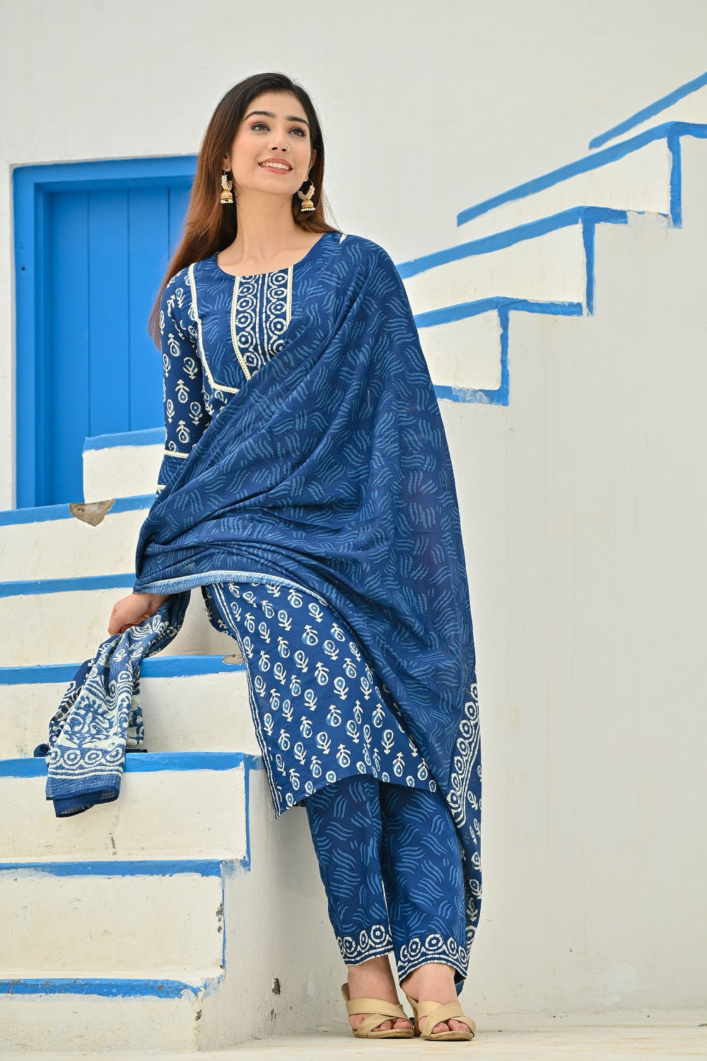 RangDeep Women Indigo Blue Booti Print Kurta Set Kurti Dupatta set Pant Rangdeep-Fashions 