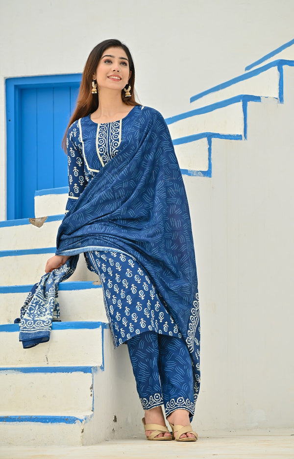 RangDeep Women Indigo Blue Booti Print Kurta Set Kurti Dupatta set Pant Rangdeep-Fashions 