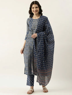 RangDeep Women Indigo Blue Printed Kurta Set Kurti Dupatta set Pant Rangdeep-Fashions 