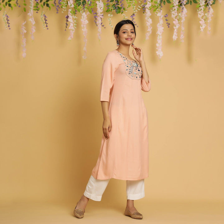 RangDeep Women Peach Embroidered Straight Kurti Embroidered Kurti Rangdeep-Fashions 