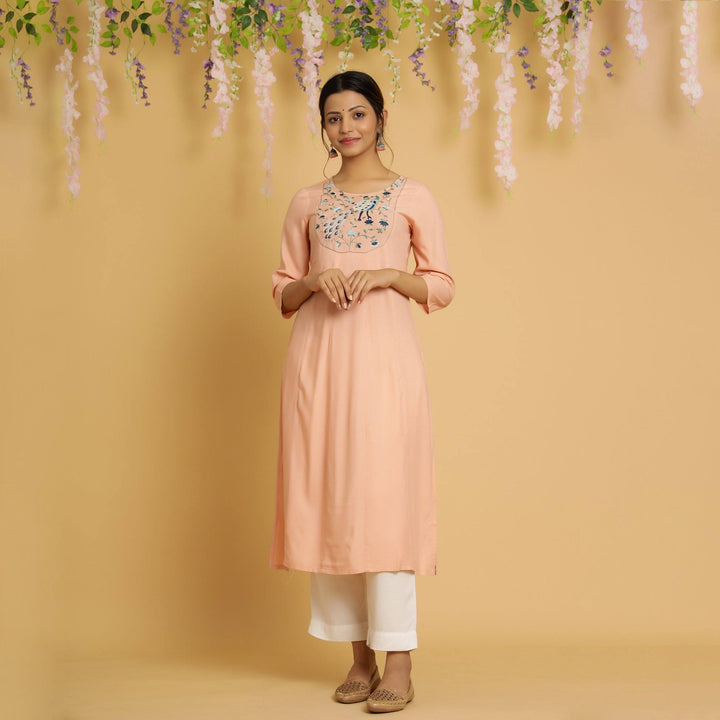 RangDeep Women Peach Embroidered Straight Kurti Embroidered Kurti Rangdeep-Fashions 