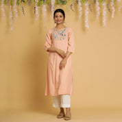 RangDeep Women Peach Embroidered Straight Kurti Embroidered Kurti Rangdeep-Fashions Small 