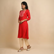 RangDeep Women Rayon Red Embroidered Straight Kurti Kurti Rangdeep-Fashions 