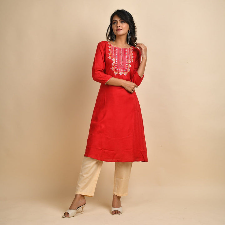 RangDeep Women Rayon Red Embroidered Straight Kurti Kurti Rangdeep-Fashions 